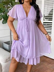 Franclia Plus Size Women's Solid Color Simple Daily Tulle Dress - Purple - View 1