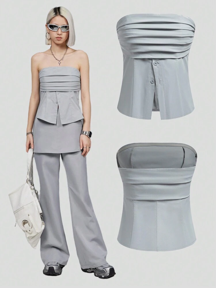 Women Street Casual Patchwork Shirt Or Strapless Top With Tooling Style