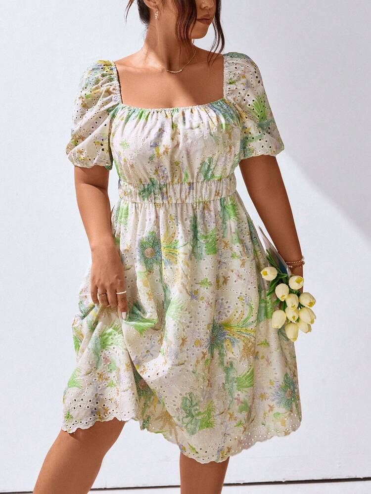 Plus Size Women's Summer Floral Print Square Neckline Puff Sleeve A-Line Dress With Shoulder Inserts