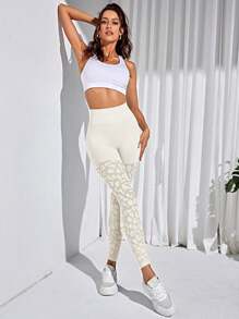 Easithlete Solid Cut Out Detail Wideband Waist Sports Leggings