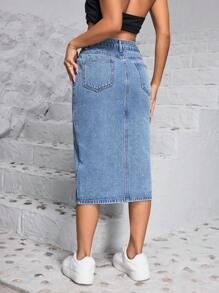 SHEIN PETITE Falda de mezclilla informal con raja frontal para el verano