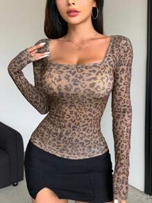 DAZY 女士方领紧身罗纹豹纹长袖T恤，秋季女装外出上衣 - 棕色 - 查看 3