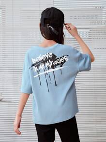 SHEIN Camiseta Casual de Manga Curta e Gola Redonda com Estilo Japonês e Estampa de Letras para Meninas Adolescentes