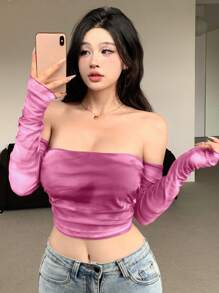 DAZY 扎染透明网眼短款露肩长袖女式上衣外出上衣节日夏季露肩上衣 - 粉色 - 查看 4