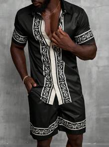 Manfinity AFTRDRK Men's Stylish Printed Short Sleeve Shirt And Shorts Set - Multicolor - View 2
