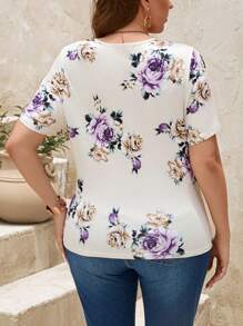 SHEIN Clasi VLing Camiseta de manga corta elegante de talla grande con estampado floral y pliegues, verano