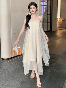 DAZY 女式不对称下摆夏季连衣裙，带吊带连衣裙舞会礼服 - 米色 - 查看 2