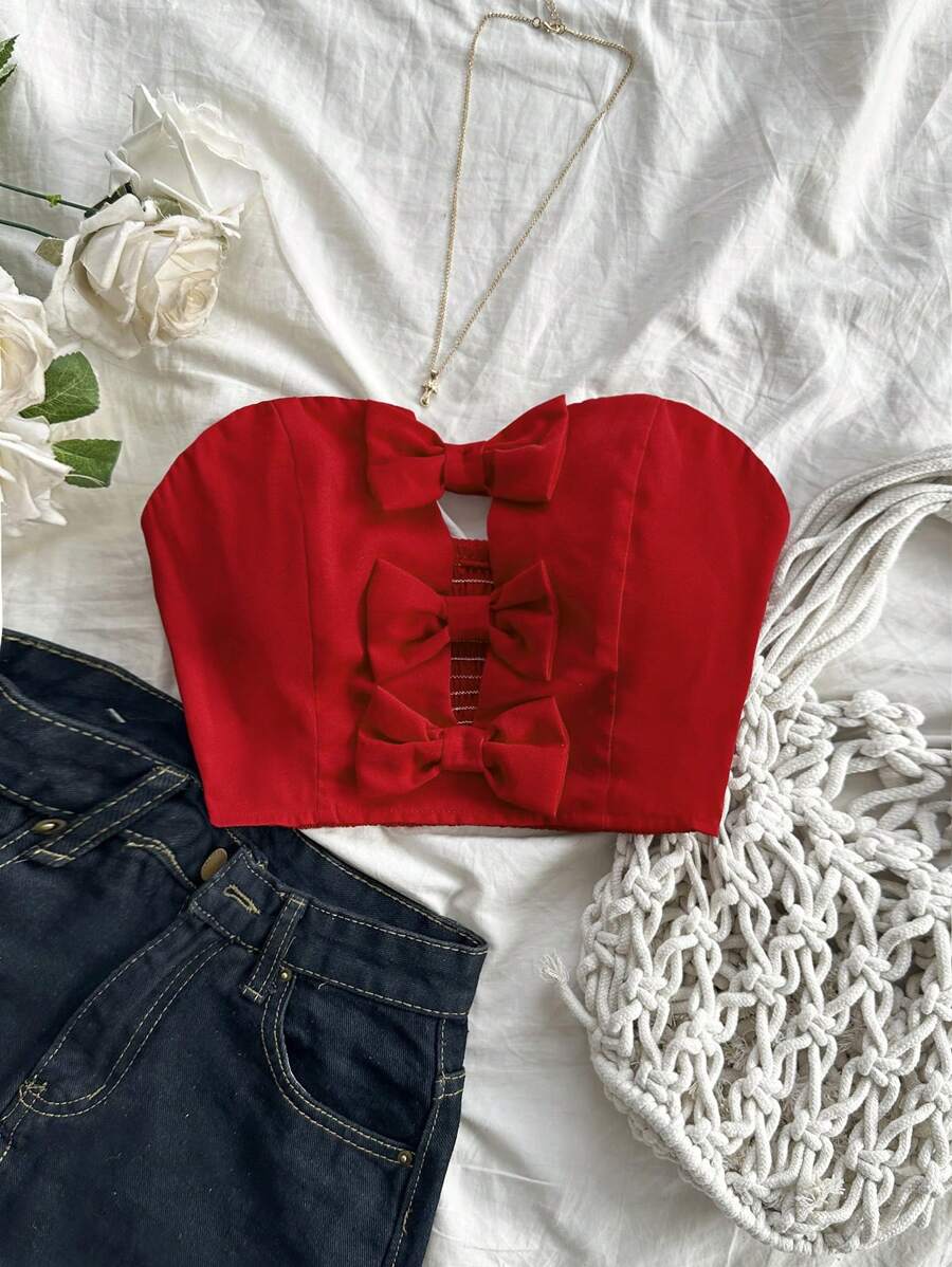 Soleia Summer Red Hollow Out Cropped Strapless Top With Bow Decoration