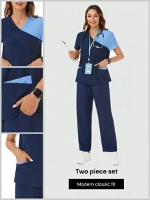 TaskEZ Conjunto de uniforme de enfermera azul marino y azul con diseño de patchwork, que incluye blusa con 2 bolsillos y textura de contraste y pantalones con 2 bolsillos y cintura elástica con textura