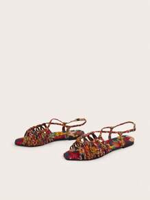 Multi-Color Faux Suede Hand-Woven Twist Flat Sandals For Women With Random Weave And Knotting Patterns. Random Multicolor Materials With Floral And Plant Color Patterns.