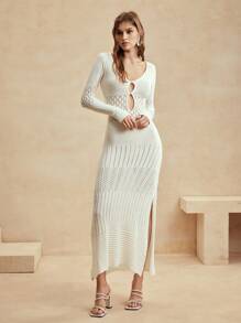 Anewsta Holiday Leisure Solid Color Hollow Out Knitted Fish Tail Long Cover Up Dress For Summer Beach Vacation