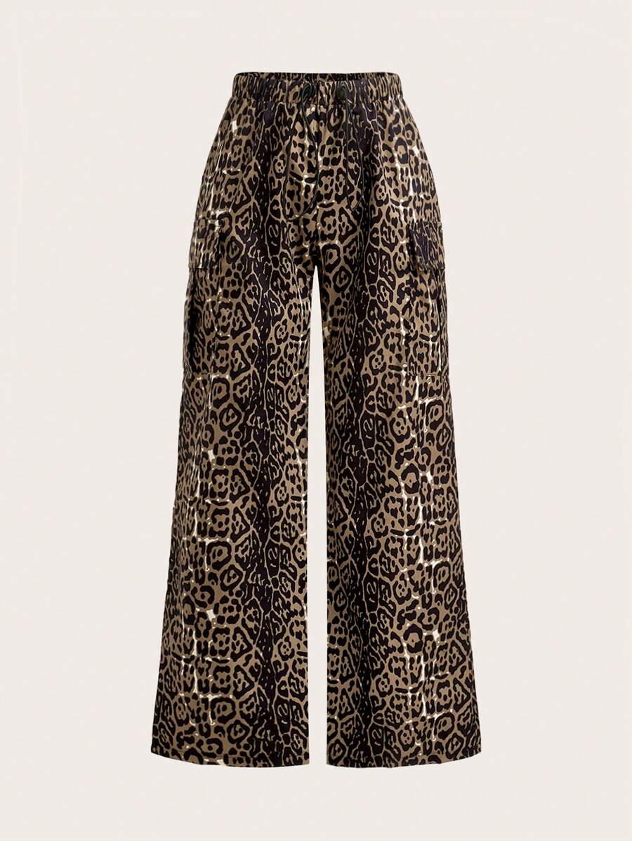 SHEIN Unity 女士印花闊腳休閒褲，有束繩腰的舒適版型