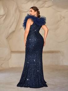 SHEIN Belle Plus Size Navy Blue Spring Elegant Evening Party Prom Dress,Luxury Rhinestone Beaded V Neck Multi Layers Exaggerated Ruffle Fishtail Formal Gowns - Teal Blue - View 6