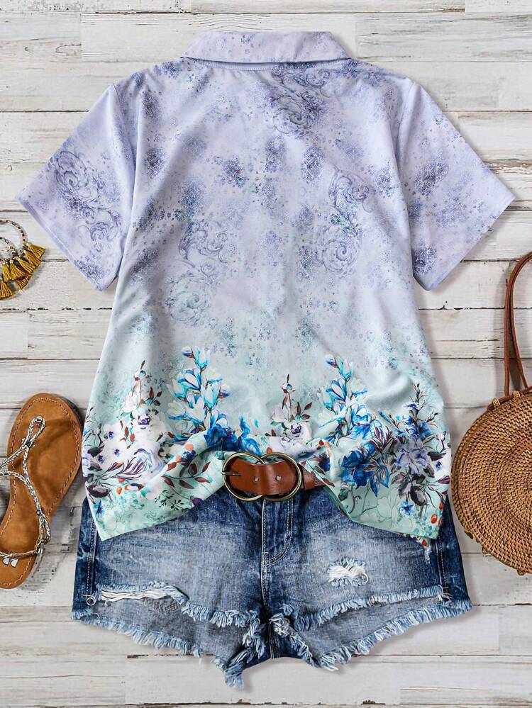 Plus Size Women's Summer Floral Printed Short Sleeve Casual Casual Shirt For Vacation