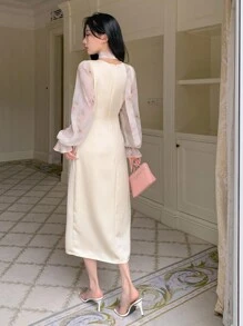 DAZY Đầm cổ chữ V phối nhiều màu sắc dành cho nữ, đầm dự tiệc Homecoming, đầm sinh nhật, đầm dạ hội đêm giao thừa, đầm thu, đầm dài tay, đầm thanh lịch cho nữ, đầm lễ Phục sinh. - Màu be - Xem 5