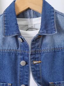 SHEIN Bộ 2 Cái/bộ Áo khoác denim không tay màu gradient giản dị dễ thương được giặt sạch và áo vest ống rộng và quần đùi denim ống rộng, dành cho mùa hè Bộ hai món - Rửa trung bình - Xem 6