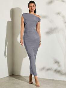 SHEIN BAE Abito estivo asimmetrico con volant aderente e stampa / Abito da spiaggia e vacanza / Abito lungo / Abbigliamento estivo da donna / Abbigliamento da spiaggia / Abito da discoteca / Abito per fisico minuto / Abito da laurea / Abito da donna / Abbigliamento estivo da donna / Carnevale / Abbigliamento elegante da donna / Abito da vacanza - Grigio Scuro - Visualizzare 5