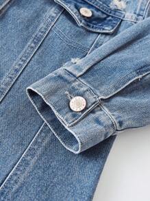 Young Girl Spring New Washed Long Fitting Distressed Denim Jacket, Hip-Length - Light Wash - View 5