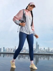 Gameset SHEIN Sport Jaqueta com capuz e cordão para proteção solar feminina, com blocos de cores para o verão - Rosa chiclete - Visão 10
