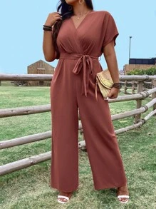 SHEIN LUNE Plus Size V-Neck Cinching Waist Batwing Sleeve Casual Jumpsuit