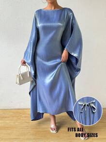 Rafferiza Đầm Maxi Nữ Cổ Tròn Tay Cánh Dơi Màu Trơn Rộng Rãi Thường Ngày Phù Hợp Với Ngày Lễ - Màu xanh lam - Xem 4