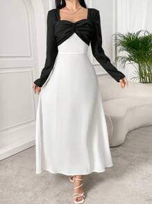 Modelyn Abito estivo da donna elegante a tubino con davanti con torsione e colori a contrasto, maniche lunghe