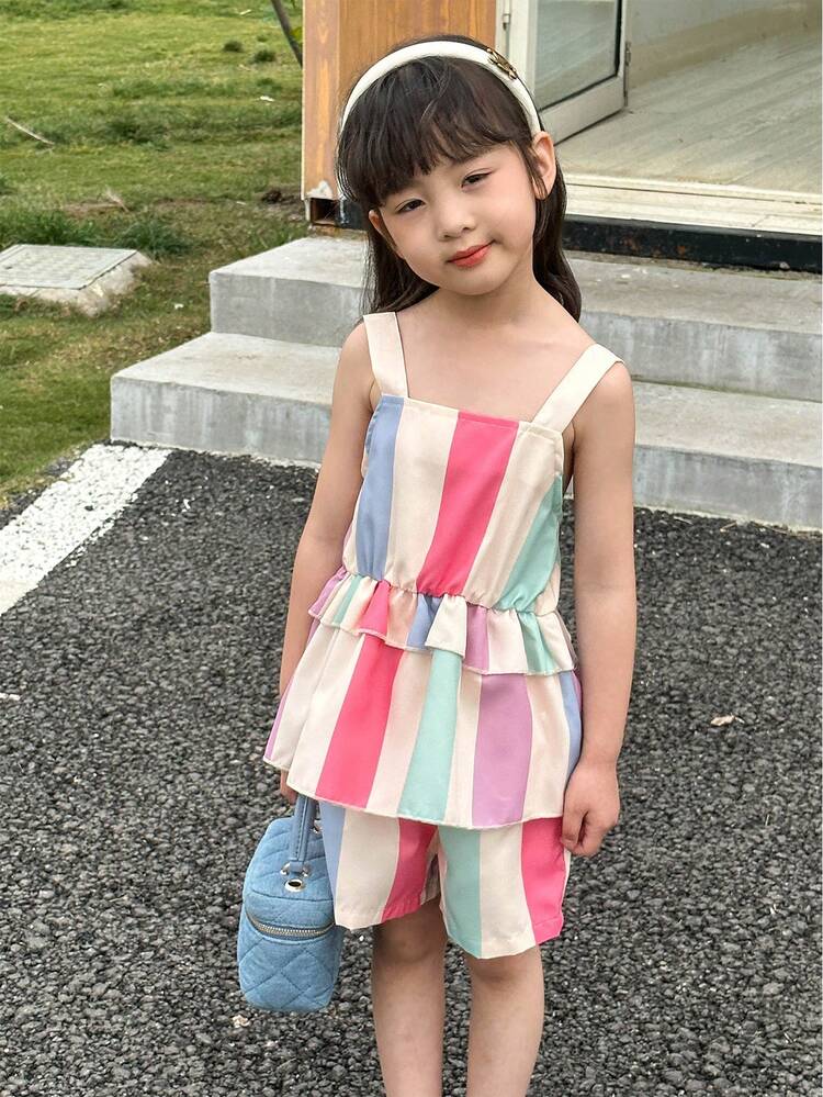 Young Girl Colorful Dopamine Summer-To-Fall Back-To-School Two-Piece Set Rainbow Striped Multi-Layered Camisole Top & Pants Casual Style Outfits New In Spring And Summer