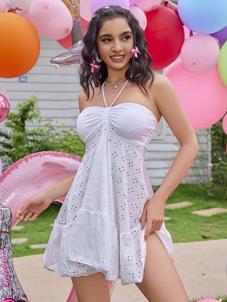 Solid Color Hollow Out Embroidery See-Through Sleeveless Cover Dress Summer