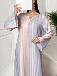 Yasmyna Women's Striped Notch V-Neck Long Sleeve Arabian Dress, Modest - Multicolor - View 3