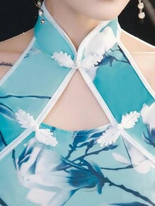 Fikoo 性感短款旗袍中式连衣裙，带挂脖露背 - 藍色 - 查看 3