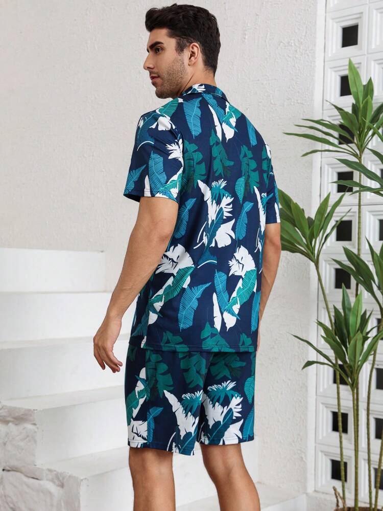 Men's Leaf Print Short Sleeve Shirt And Shorts Homewear Set, Summer