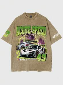 ROMWE MEN Street Life 男式赛车街印花水洗皱褶短袖足球球衣款式 T 恤，夏季高街复古风格，学校