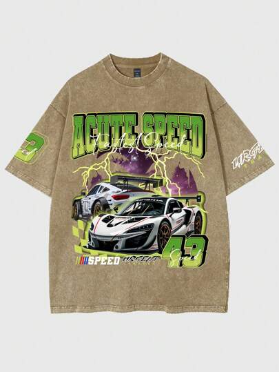 Street Life Camiseta de fútbol con estampado de carreras y estilo vintage, de manga corta, arrugada y lavada, para hombre, de estilo callejero de moda, para verano, estilo escolar