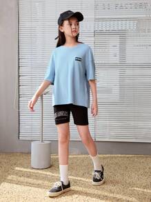 SHEIN Camiseta Casual de Manga Curta e Gola Redonda com Estilo Japonês e Estampa de Letras para Meninas Adolescentes