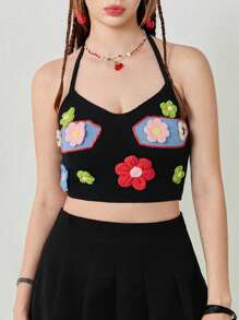 SHEINNeu Women's Summer Floral Short Suspender Black Sweater Vest - Black - View 1
