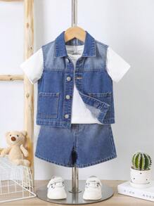 SHEIN Bộ 2 Cái/bộ Áo khoác denim không tay màu gradient giản dị dễ thương được giặt sạch và áo vest ống rộng và quần đùi denim ống rộng, dành cho mùa hè Bộ hai món - Rửa trung bình - Xem 1