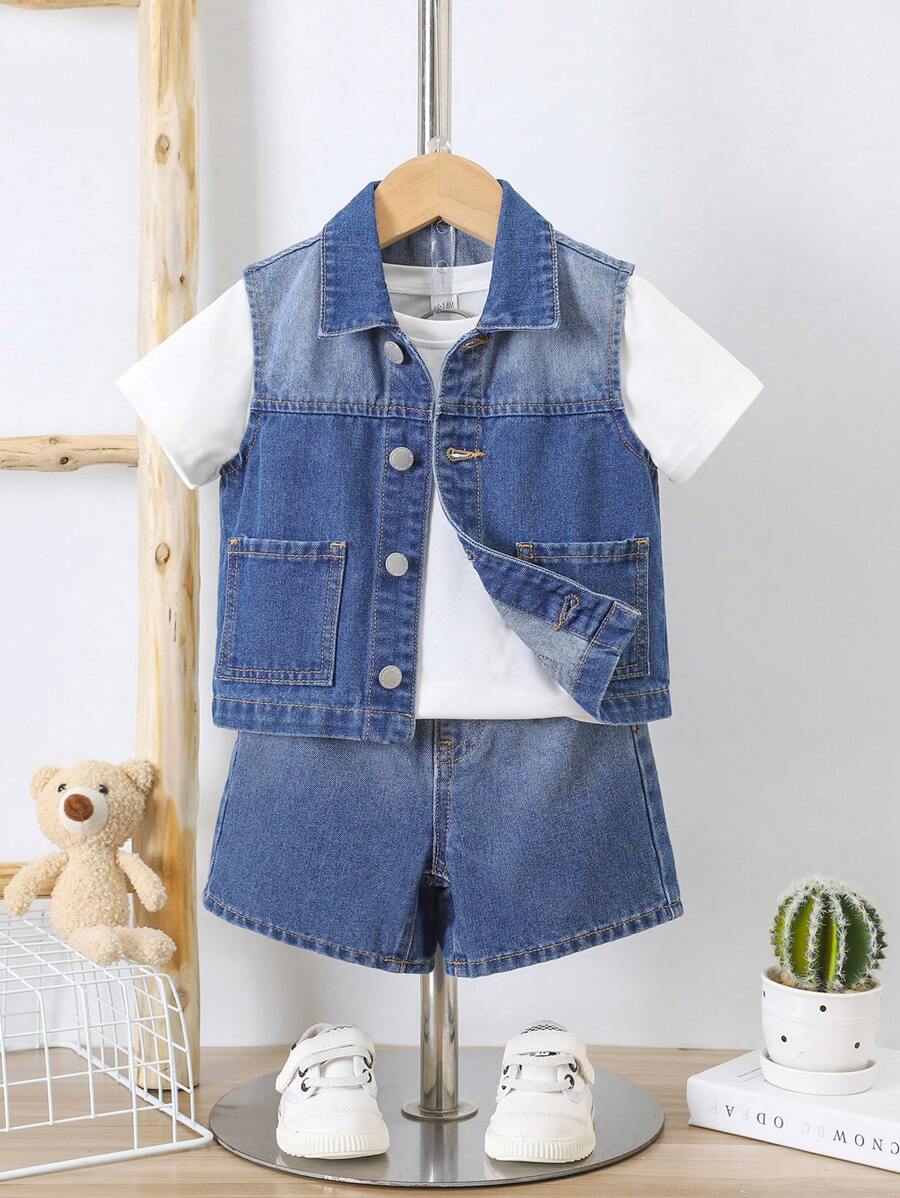 SHEIN Bộ 2 Cái/bộ Áo khoác denim không tay màu gradient giản dị dễ thương được giặt sạch và áo vest ống rộng và quần đùi denim ống rộng, dành cho mùa hè Bộ hai món - Rửa trung bình - Xem 1
