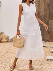 SHEIN LUNE 女性夏季純色V領無袖度假連衣裙