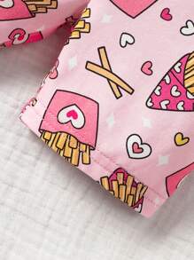SHEIN Baby Girls' Cute Cartoon Fries & Burger Pattern Snug Fit Homewear Set - Pink - View 4