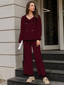 EURMUSE Women's Color Block Ribbed Edge Cardigan And Long Pants Two-Piece Set - Burgundy - View 4