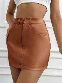 EURMUSE Women's Slim Fit Pu Leather Skirt - Brown - View 5