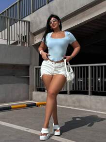 Flirla Plus Size Slim Fit Solid Color Short Sleeve T-Shirt With Square Neckline, Summer