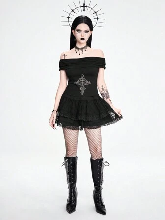 Goth T-shirt pour femmes épaule dénudée croix vampire gothique avec strass