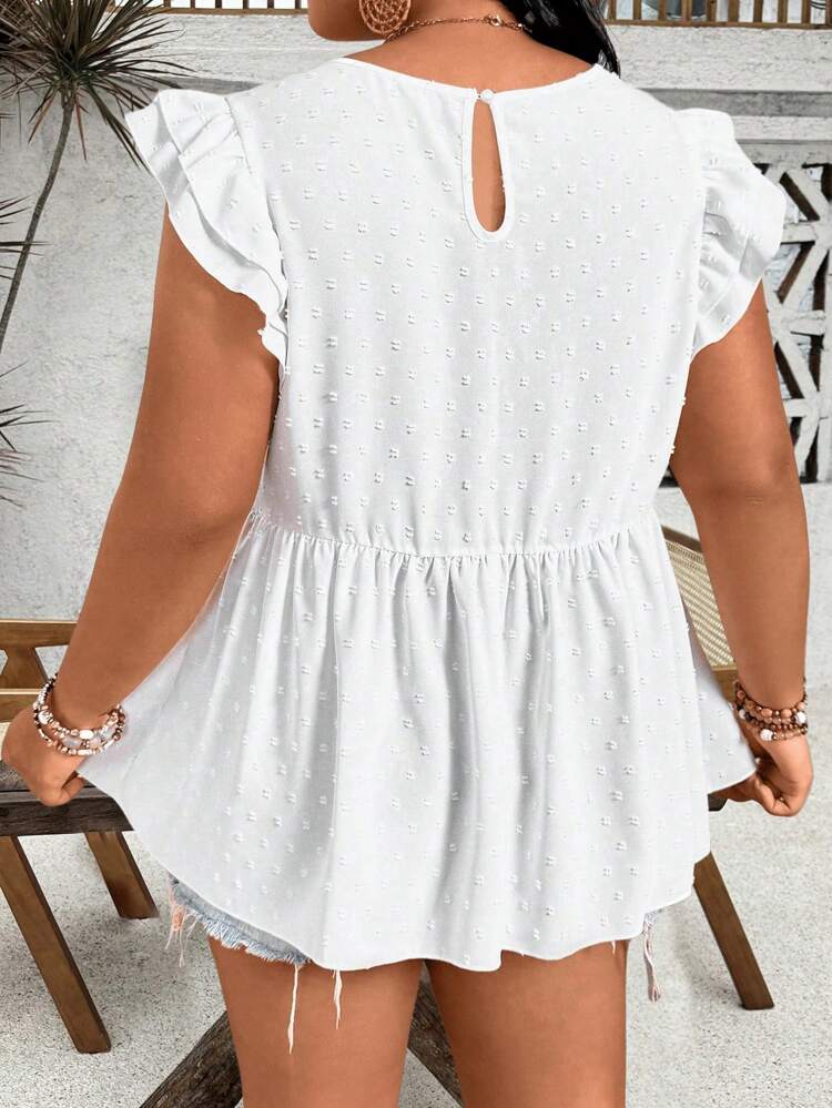 Plus Size Women Summer Round Neck Cap Sleeve Embroidered Flower Detail Sheer Fabric Top