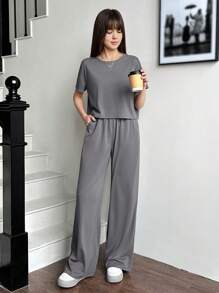SHEIN Conjunto casual de dos piezas para niña adolescente, camiseta de manga corta y jersey de punto de unicolor con bolsillos inclinados y pantalones largos con cordón - Gris - Ver 4