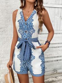 Chiquease Women's Summer Fashion V-Neck Printed Sleeveless Playsuit With Elastic Waist