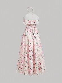 SHEIN MOD Vintage Summer High Slit Floral Dress With Romantic Ruffled Trim,Halter Neck Strap Cute Dress,Funny Party Dress,Summer Women Outfit,Dresses Graduation,Beach Women Dresses