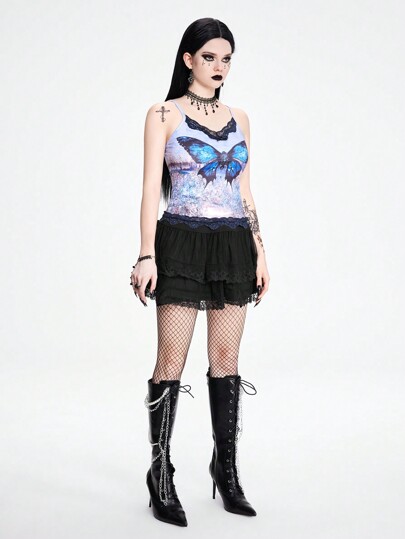 Grunge Punk Sexy Minimalist Sexy Lace Camisole With Asymmetrical Hem, Butterfly & Scenery Print, Bow Tie Decoration For Women