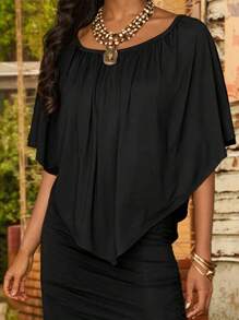 Breezaya Solid Color Round Neckline Waist Cinched Bodycon Dress - Black - View 2