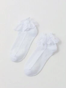 ROMWE Fairycore Women's Solid Color Simple Lace Decor Mid-Calf Socks - White - View 3